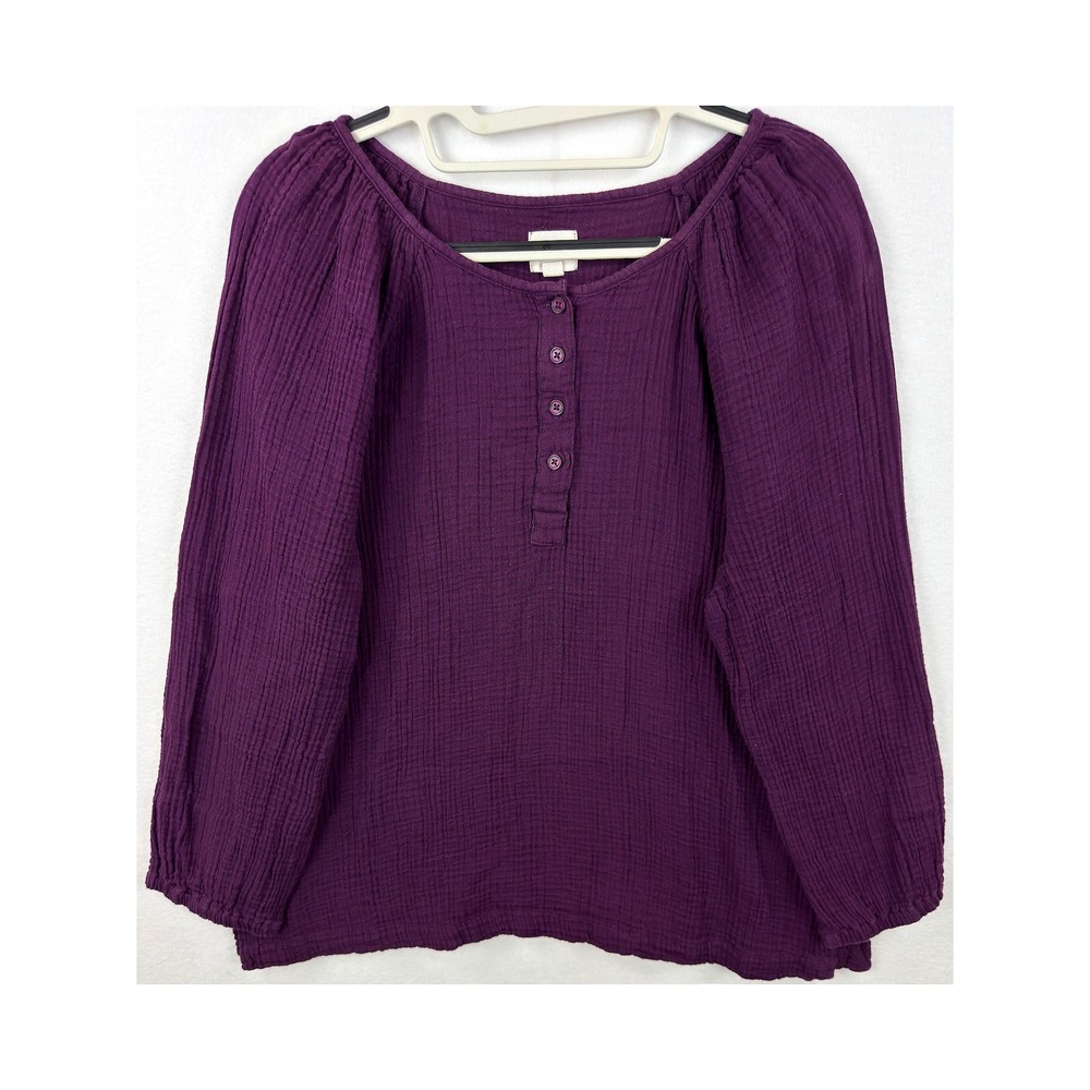 JAG Blouse Womens L Plum Purple Cotton Gauze Henley Boho Textured Long Sleeve